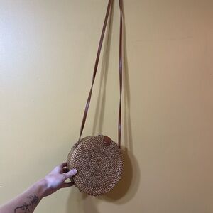 Round Woven Tan Crossbody Bag